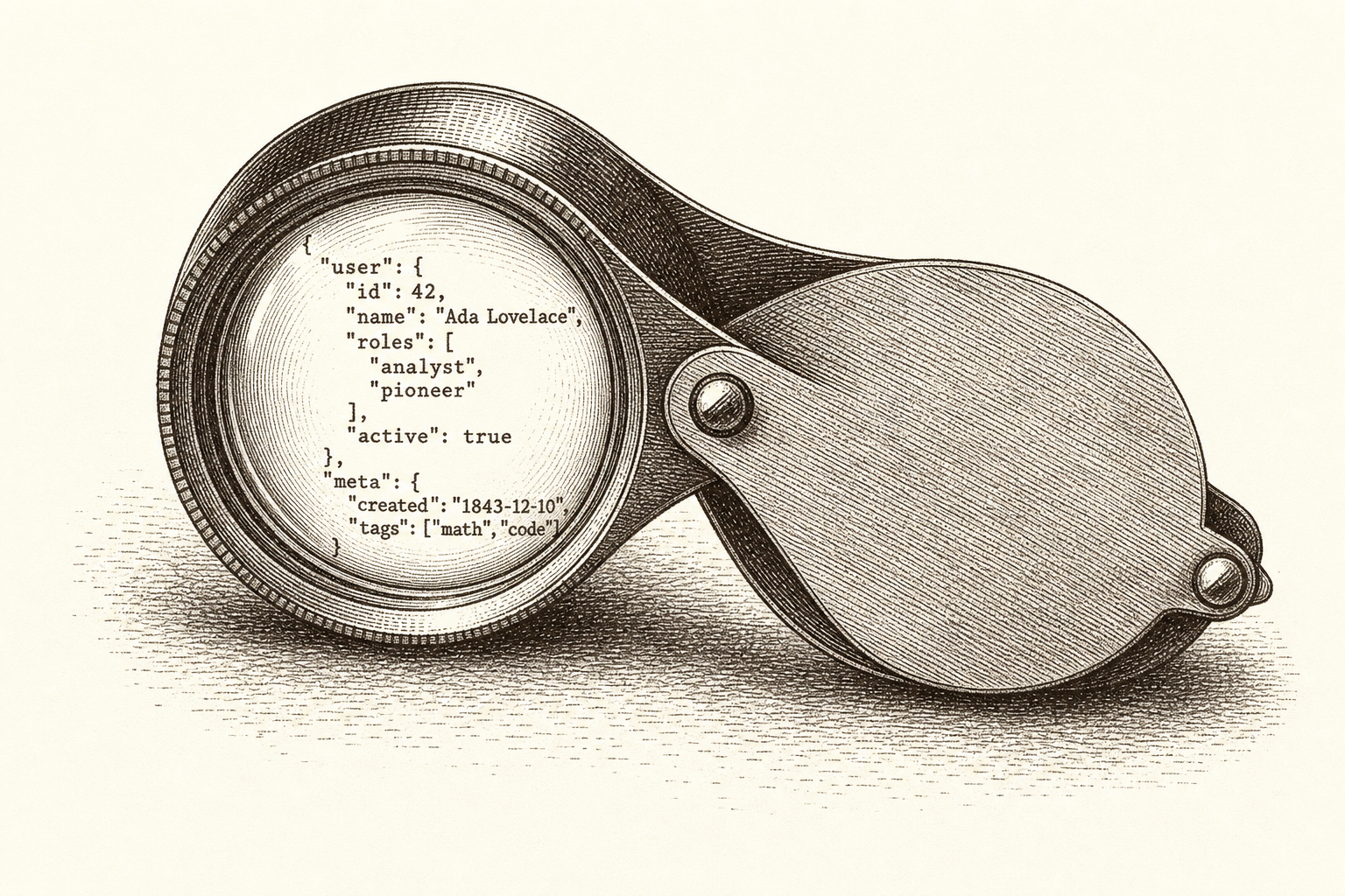 An engraving of a folding jeweler's loupe, with structured JSON visible through the lens.